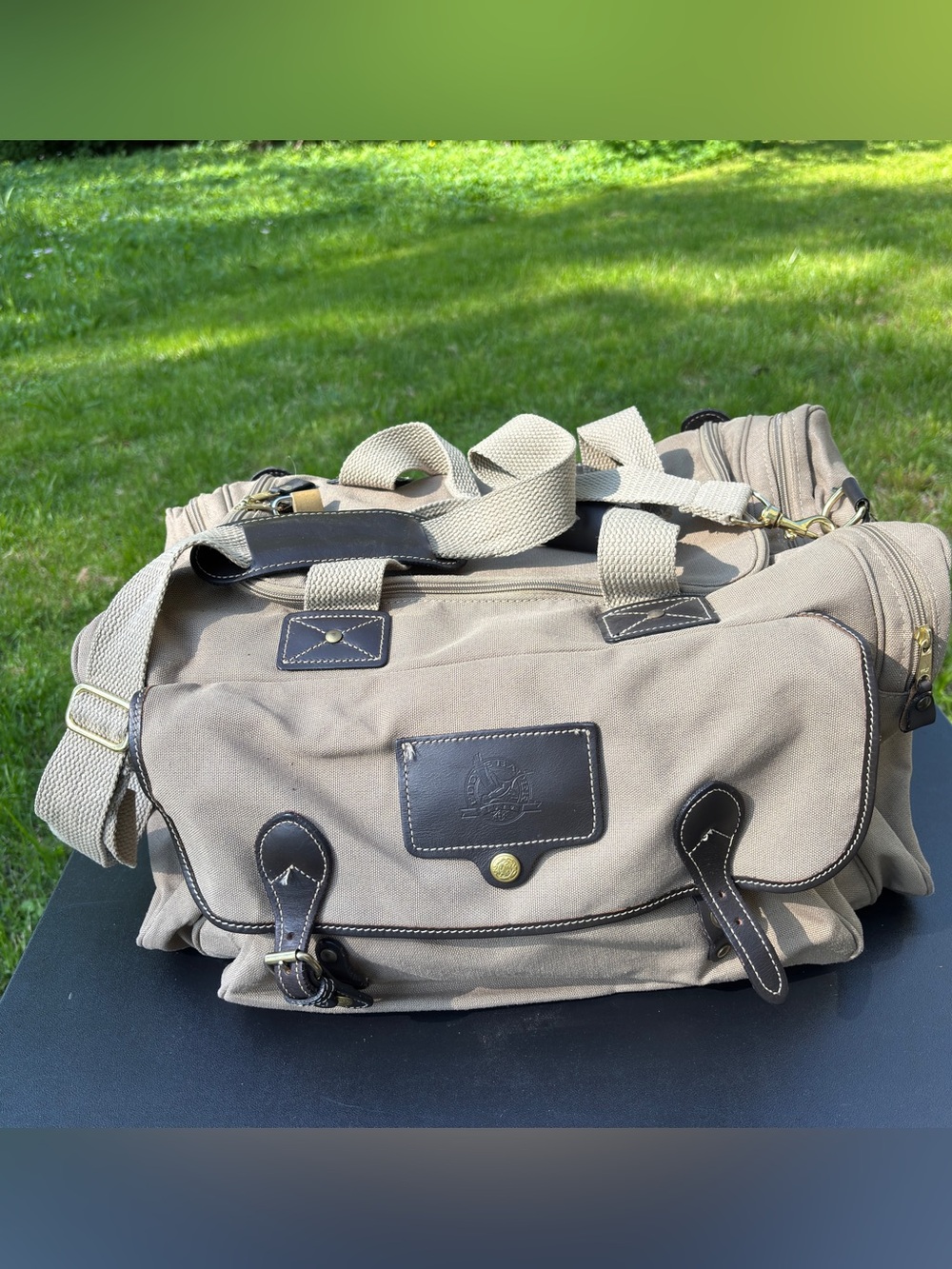 VTG Eddie Bauer Ford Mulholland Brothers Duffel Bag Tan Canvas Leather